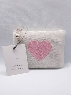 NEW pink heart hand beaded zippered change purse